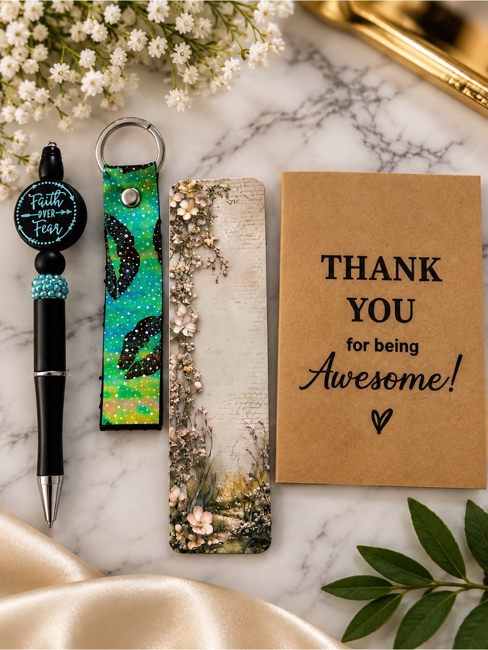 Green Teal Patterned Key Fob with Floral Bookmark Set
